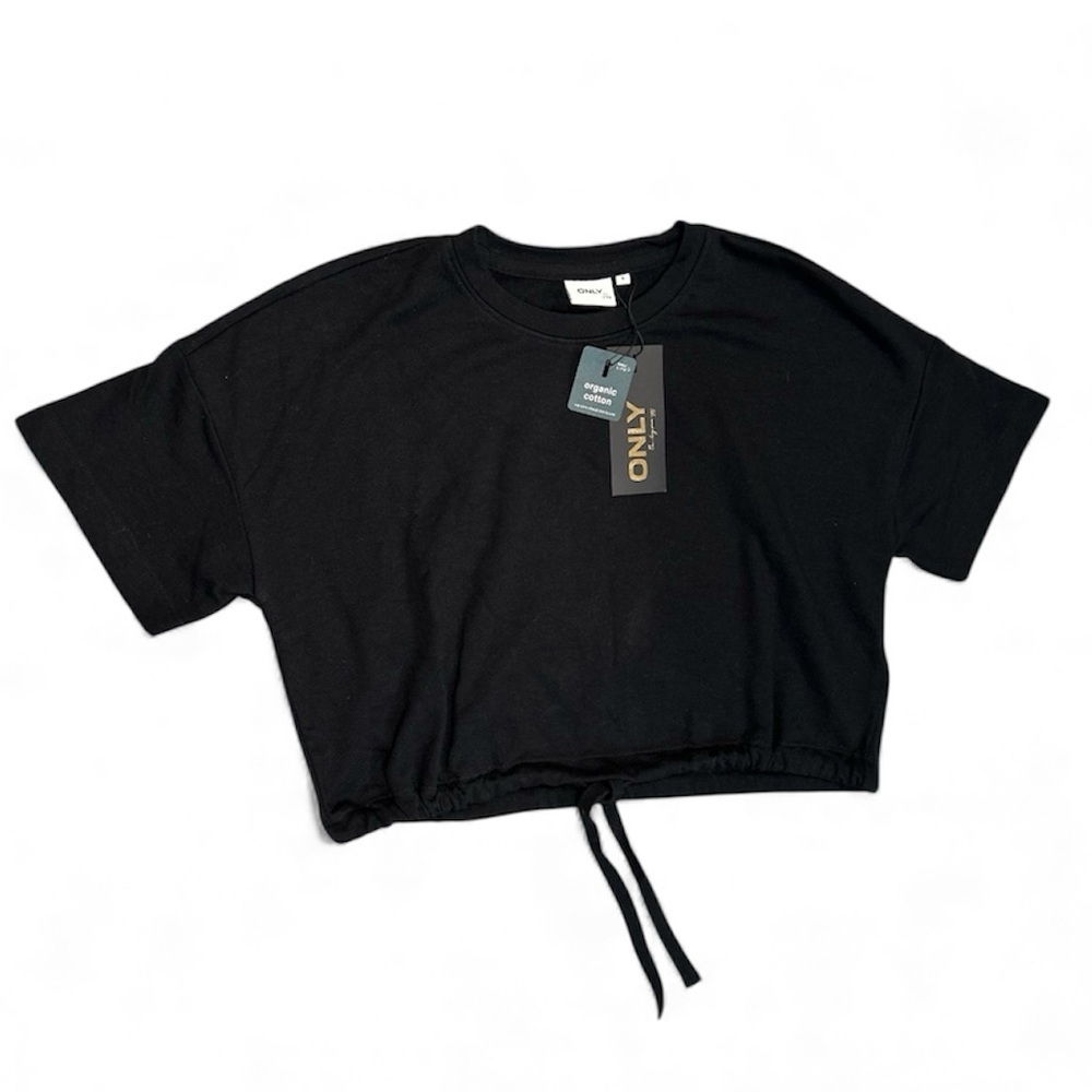 ONLY Black Soft Drawstring Cinched Waist Crop T-Shirt Top Tee Size S